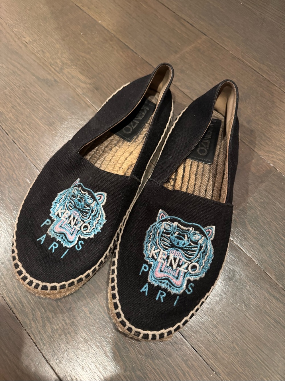 Kenzo Women Black Espadrilles with Blue & Pink Tiger Embroidery